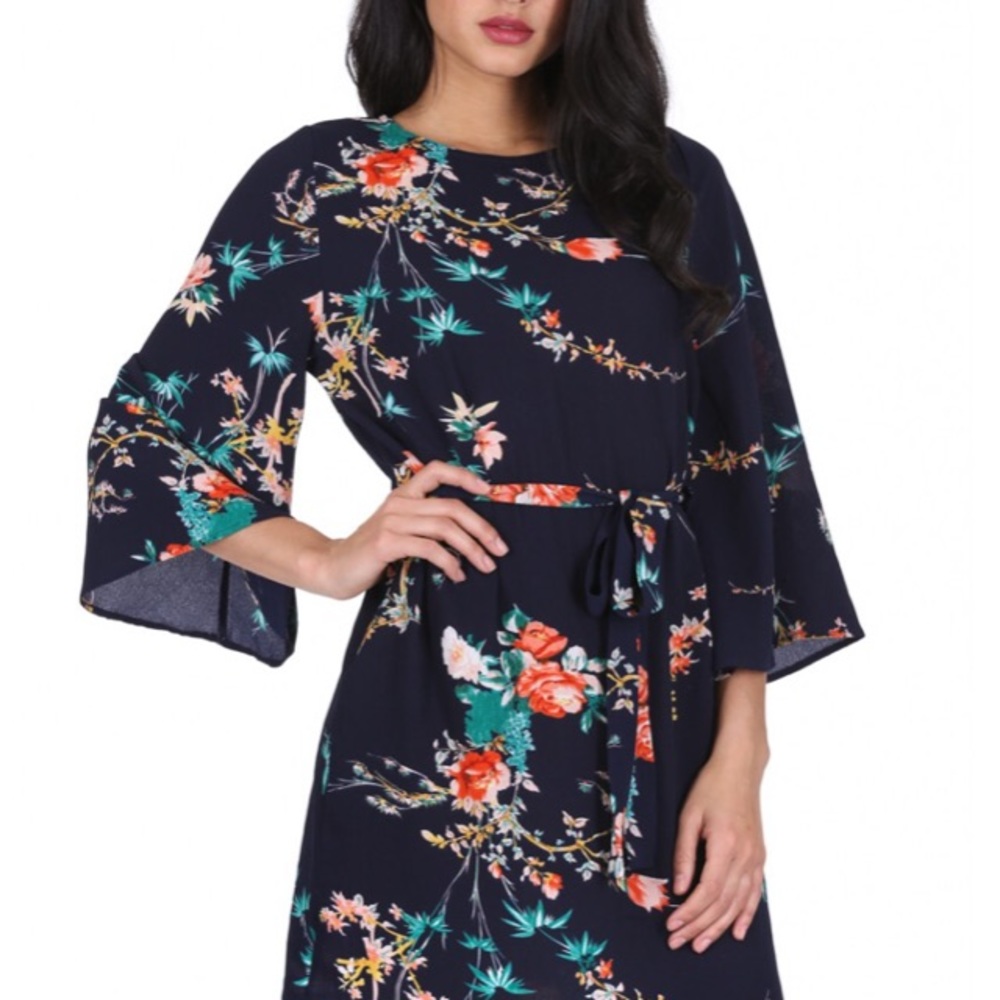 Navy Floral Print Tie Dress